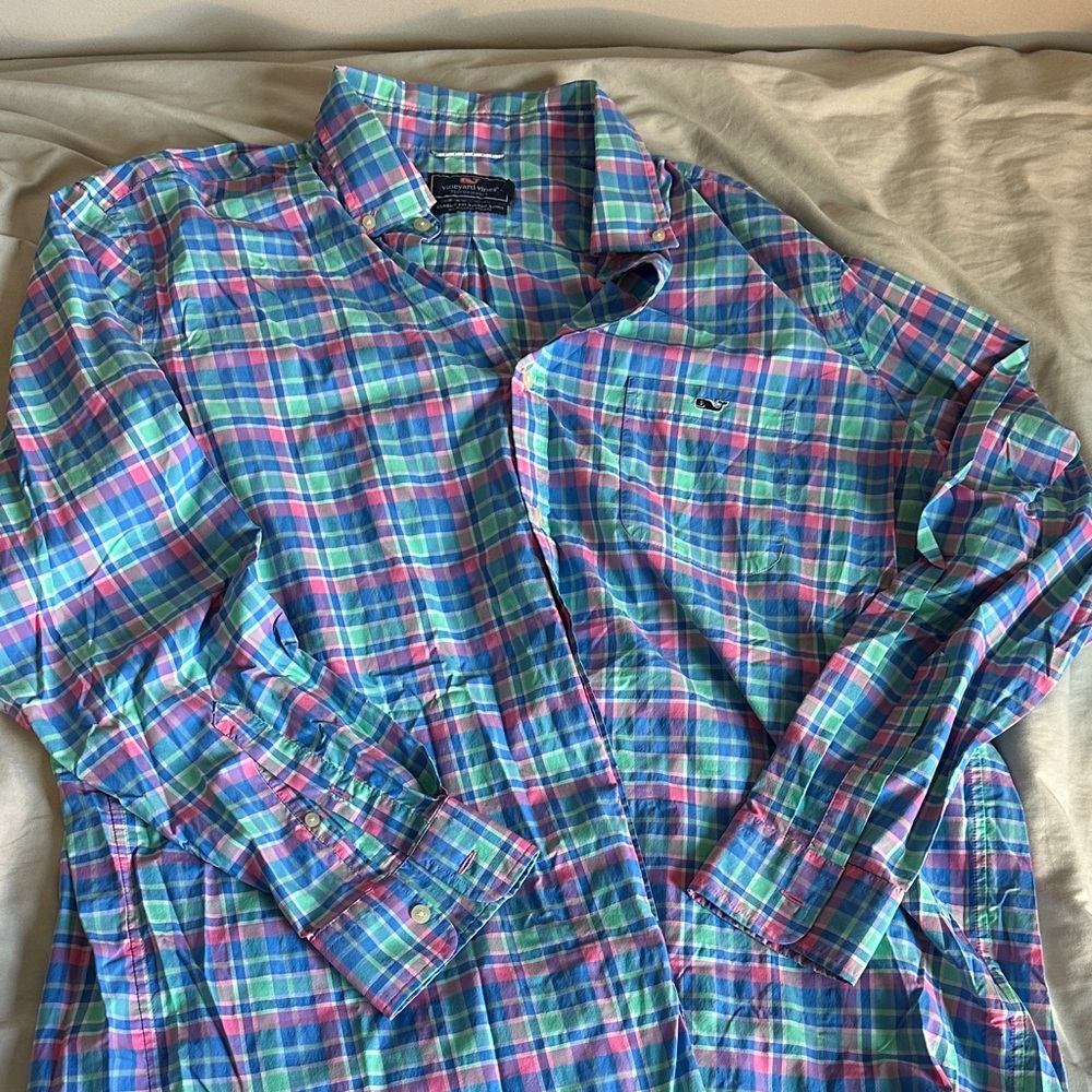 Vineyard Vines Men's Blue, Green, and Pink Plaid Shirt